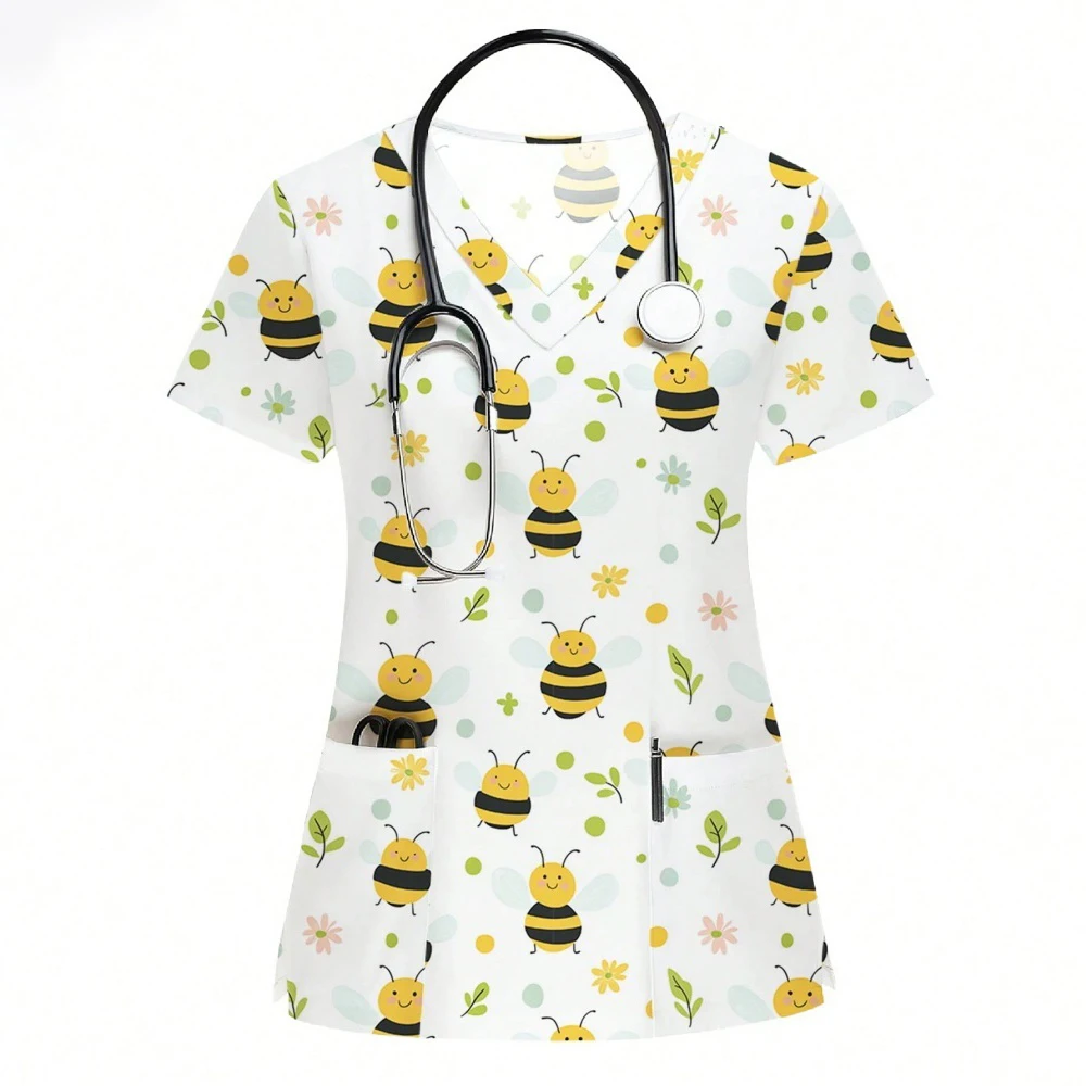 Animal dos desenhos animados enfermagem esfrega topos feminino uniforme de enfermeira moda feminina com decote em v bolso macacão uniformes médicos mulher