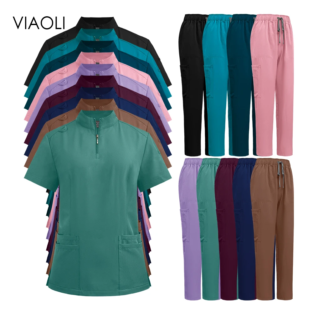 Scrub Collar Zipper Medical Uniform for Doctors and Nurses Surgical Uniforms Women Operating Room Scrubs Top Straight Pants Sets