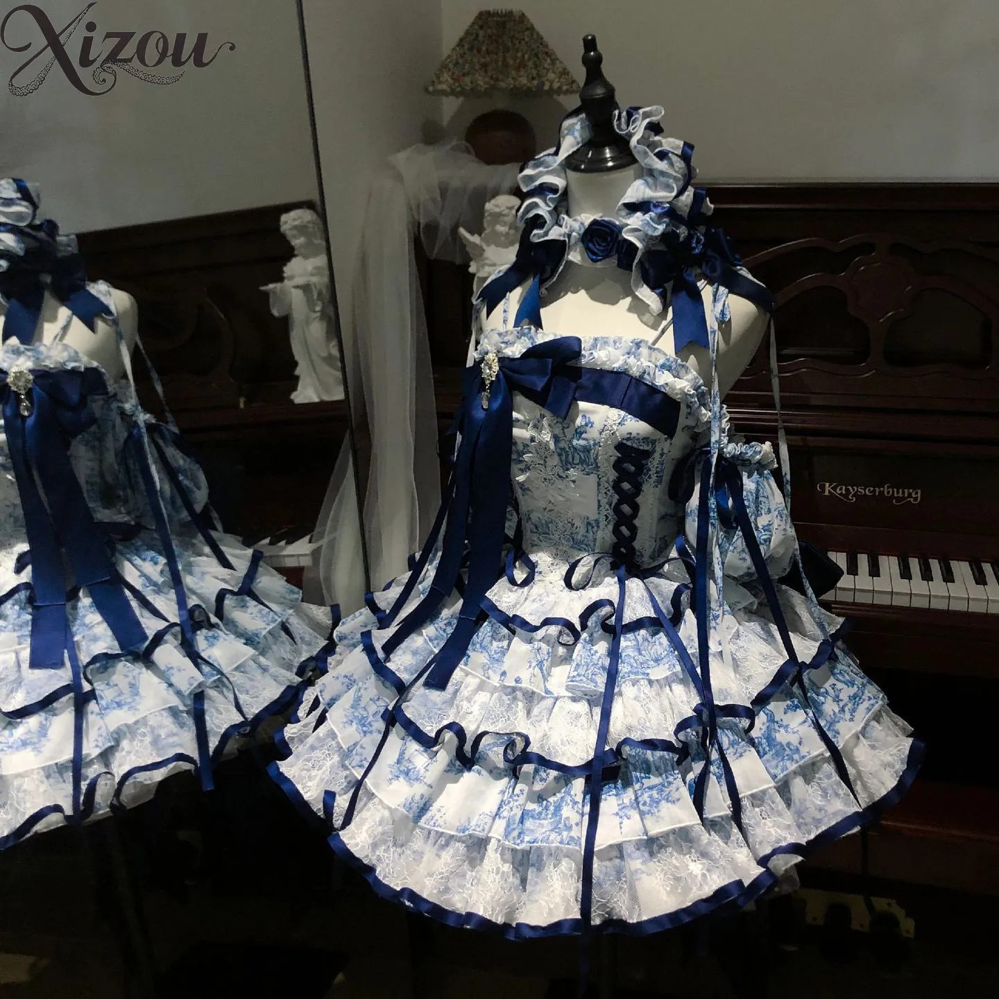 Women Blue White Porcelain Print Boned Corset JSK Super Short Tier Ruffle Lolita Dress Satin Bow Birthday Princess Formal Gown
