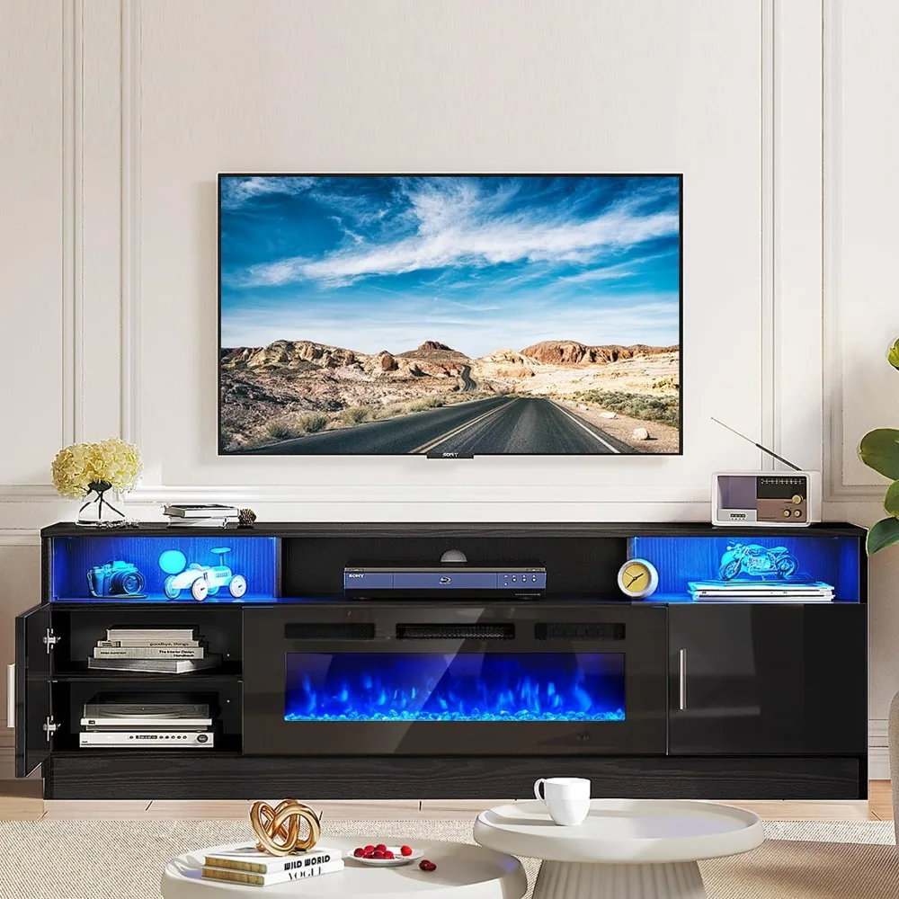 Mueble TV con chimenea con luces LED y mueble de almacenamiento, negro, sala de estar, 70 pulgadas