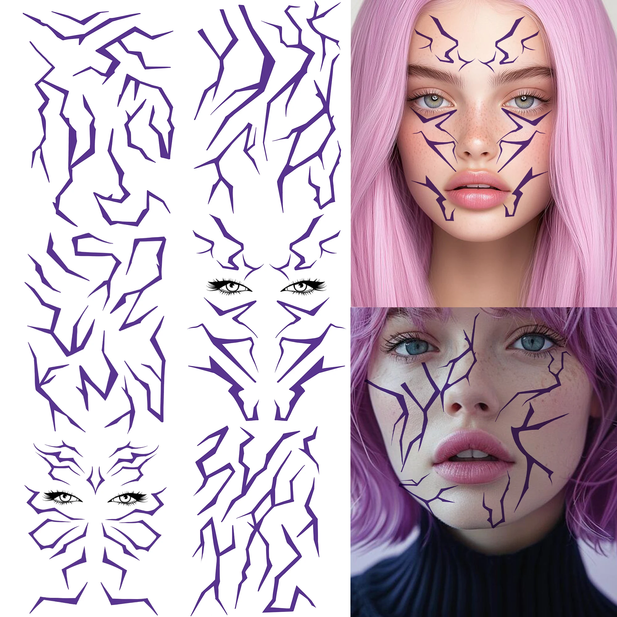 6 Sheets Halloween Purple Lightning Kpop Temp Tattoos For Face Makeup, Realistic 3D Crack Durable Waterproof Fake Tattoo Sticker