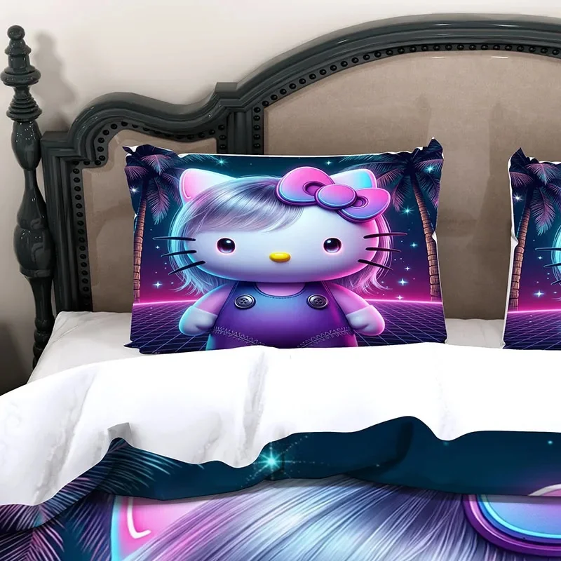 Hello Kitty 3Pcs Duvet Cover Set, 3D Retro Neon Grid Cyber Kitty Microfiber Bedding With 2 Pillowcases For Girls Bedroom Decor