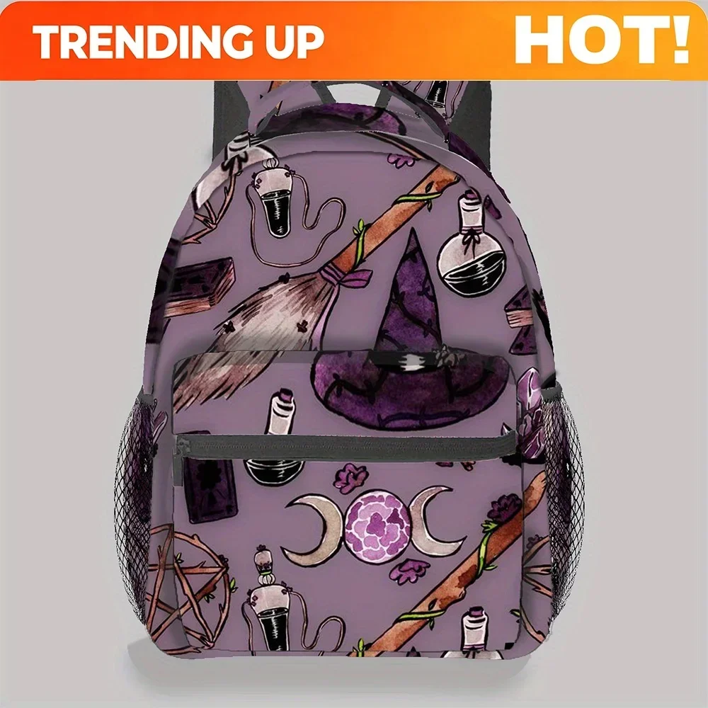 Custom Bag BagWhimsical Witch-Themed Large Capacity Backpack - Purple With Broomstick, Cauldron & Spellbook Design - Lightweigh