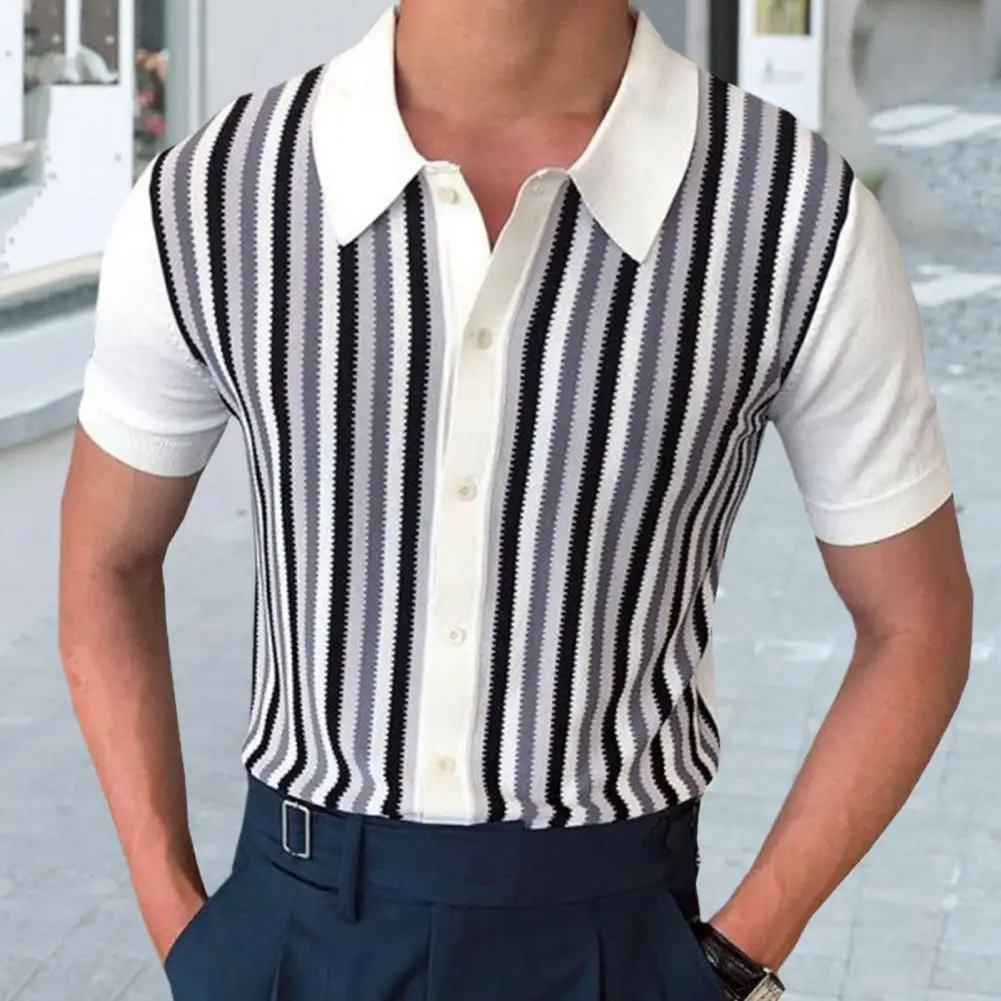 Chic Turn-down Collar Short Sleeves Summer Tops Wear-resistant Men Tops Young Style Breathable Men Tops Office Garment