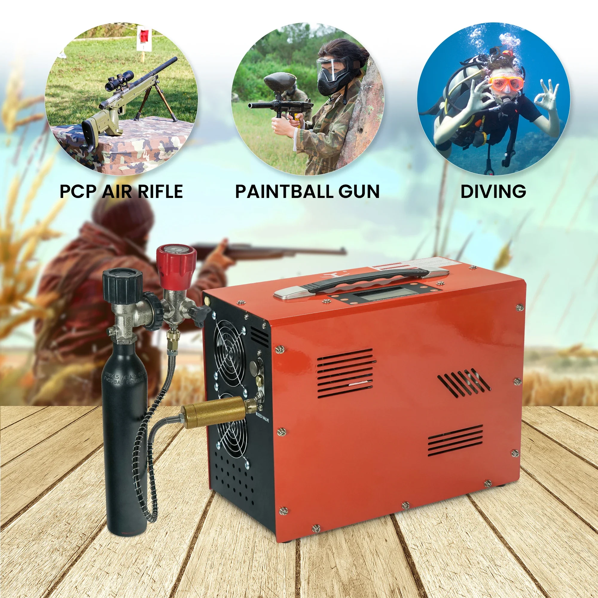 TUXING 300Bar PCP Air Compressor with LCD Display Digital Control Compressor Built-in Power Adapter for PCP Airgun Scuba Diving