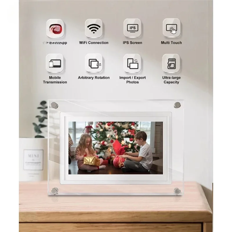 Digital photo frame, 1080x720 touchscreen, easy to share photos and videos through the app and send via email