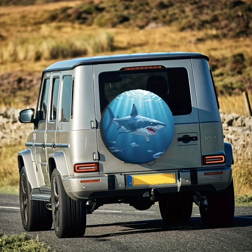 1pc Ocean Waves Fabric Tire Cover, 4x4 Off-Road Vehicle Wheel Protector, Weather-Resistant Stretch Tire Cover With Shark And Fis