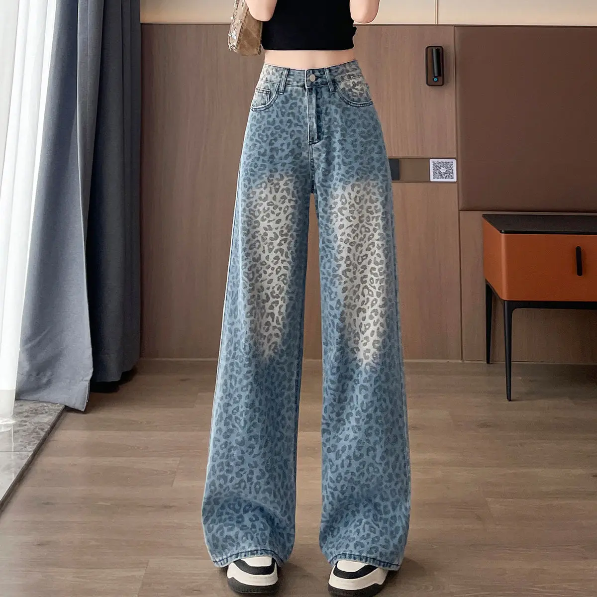 

Leopard-Print Wide-Leg Denim Trousers Women'S New Super-Fire Drape Loose And Slim Explosions Spice Girls Straight Pants