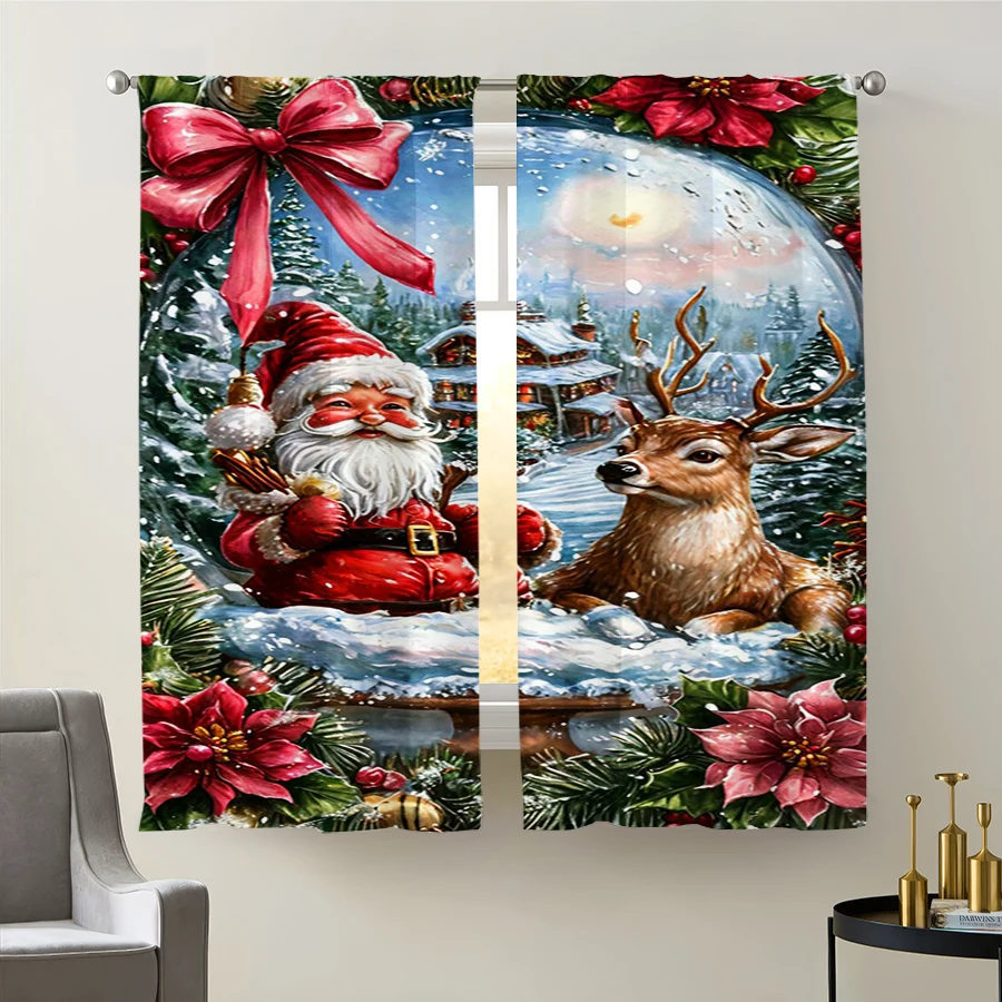 2PCS Christmas Winter Curtains, Snow Globe Santa Reindeer, Digital Print, Bedroom Living Room, Rod Pocket Polyester, Home Decor