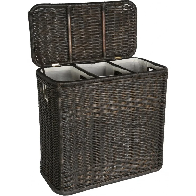 

2026 New：Basket Lady 3-Compartment Wicker Laundry Sorter Hamper, 30 in L x 15 in x 28 in H, Antique Walnut Brown