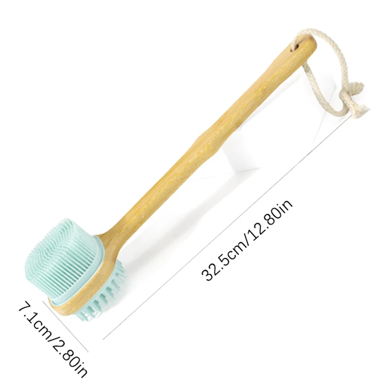 1pc Silicone two-sided Brush Back Scrubber Shower Brush With Long Wooden Handle Dry Skin Exfoliating Body Massage Cleaning Tool