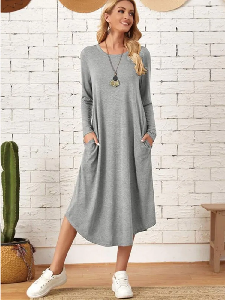 

Women Casual Loose Solid Long Dresses Fashion Long Sleeve O-neck Midi Dress With Pockets Autumn Simple Vacation Ladies Vestidos