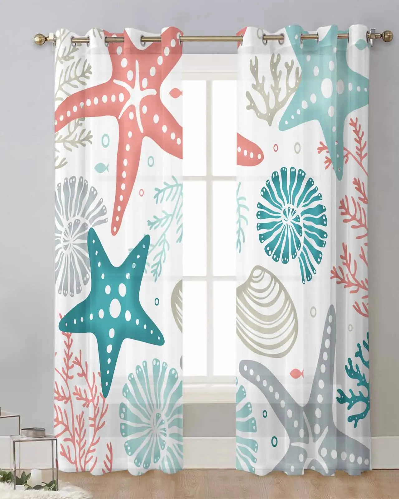 Summer Ocean Coral Starfish Shell Duck Green Blue Sheer Curtains for Living Room Printed Tulle Window Curtain Luxury Home Drapes