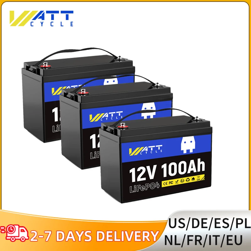 Wattcycle 3 PACK 12V 100Ah LiFePO4-batterij Veelzijdige serie of parallelle 15.000 cycli voedingsoplossing voor energieopslag thuis