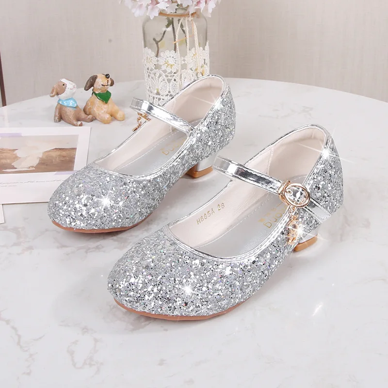 Children\'s Girls High Heeled Princess Style Cute Simple Flower Shoes Full Sequin Dance Shoes