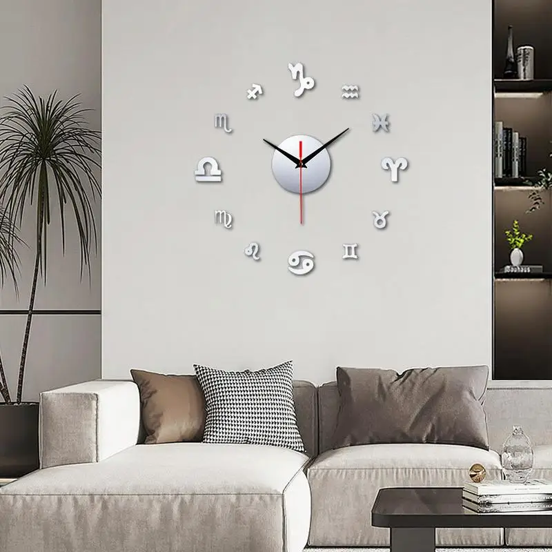 Jam dinding besar 12 rasi bintang, stiker DIY 3D akrilik berperekat, desain Modern mekanisme bisu