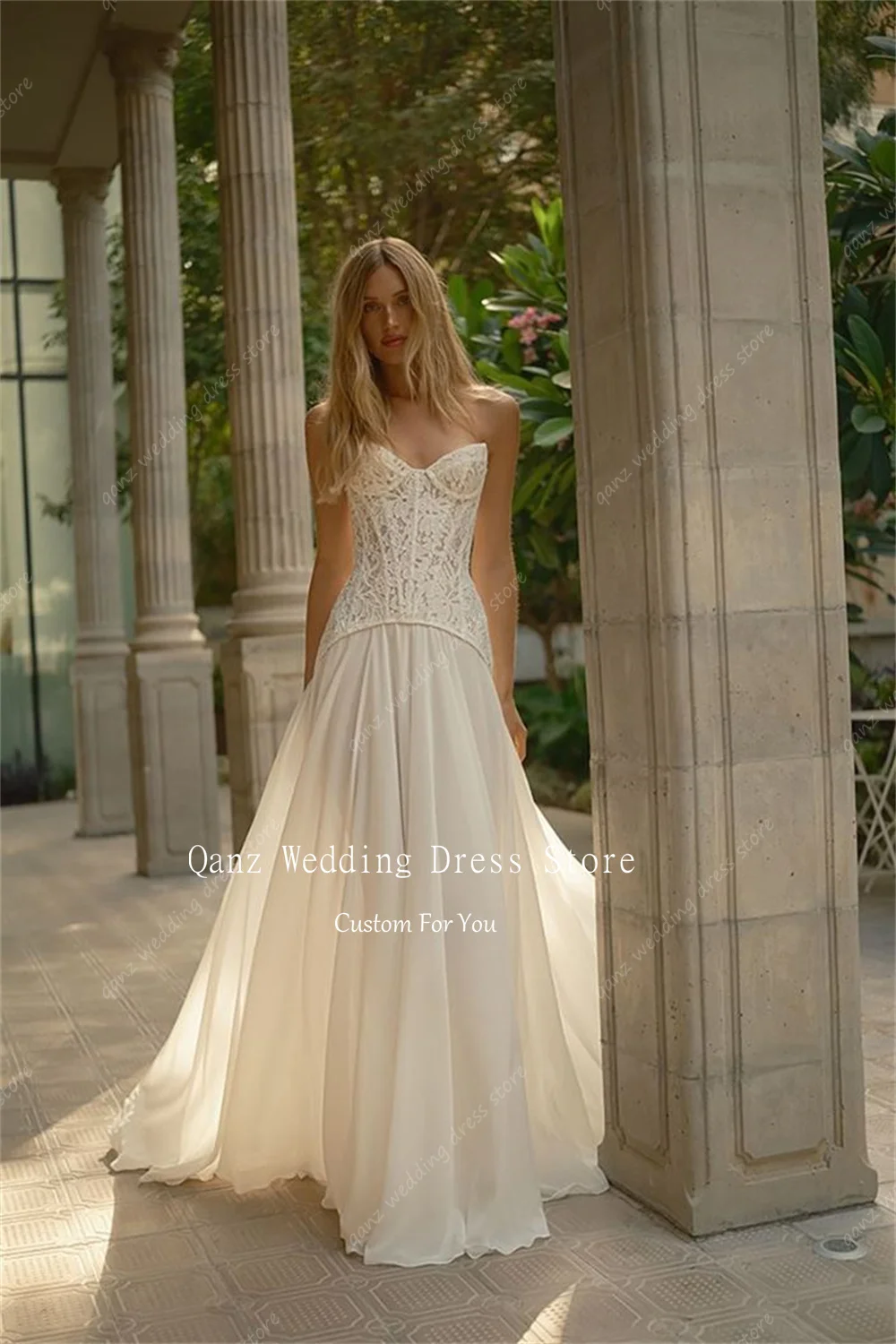 Qanz boêmio laço vestido de casamento marfim chiffon espartilho voltar vestidos de noiva 2 peças querida vestido de novia boda personalizado