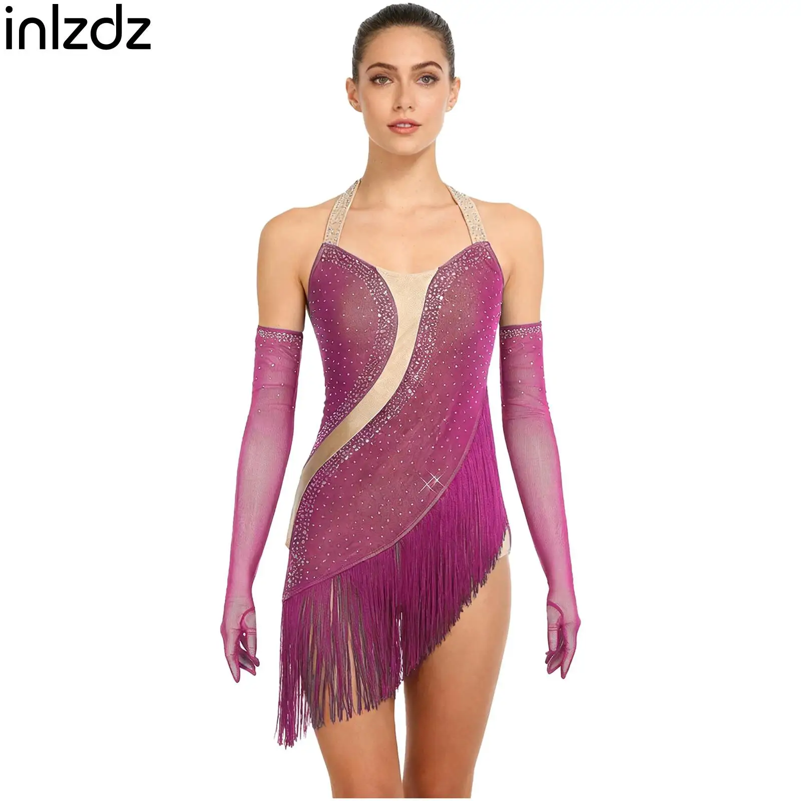 

Women Figure Skating Outfit Latin Tango Cha-cha Dance Costume Rhinestone Tassel Bodysuit+Gloves Set for Performance Competition