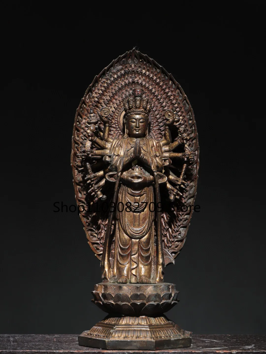 Tibetan brass mud gold cinnabar painted backlight thousand-handed Guanyin Bodhisattva sitting statue ornament home Buddhist hall