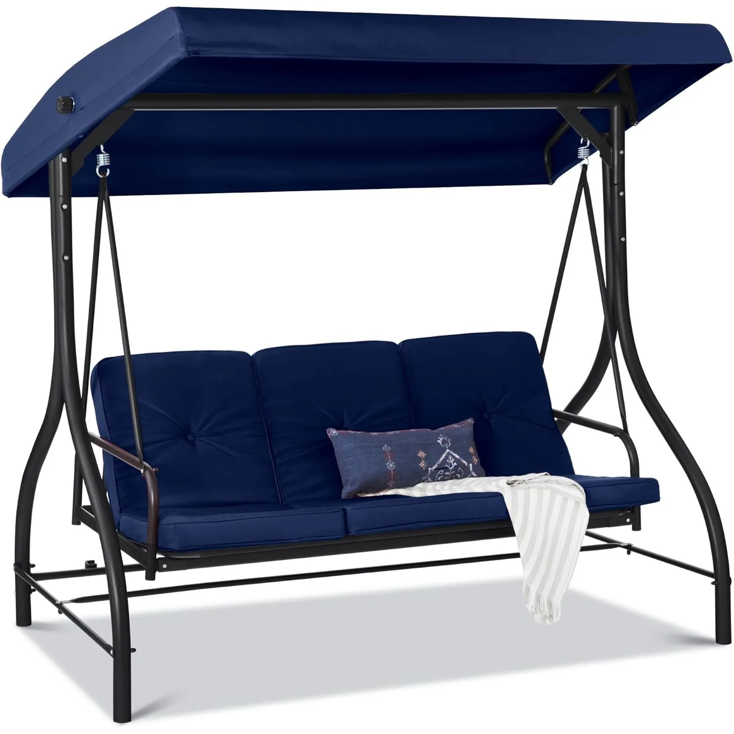 3-Seat Outdoor Large Converting Canopy Swing Glider, Patio Hammock Lounge Chair for Porch, Backyard w/Flatbed, Navy