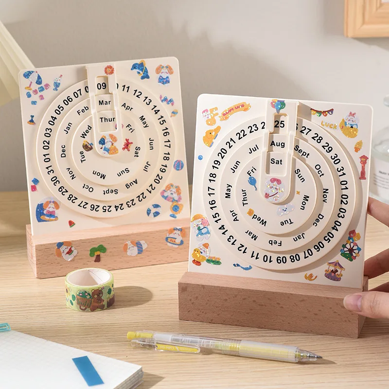 

2025 Kawaii Wooden Perpetual Calendar Manual Table Calendar Desktop Decoration School Stationery