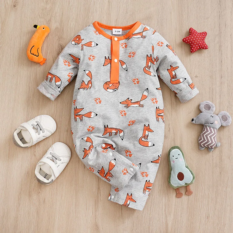 Spring And Autumn Boys And Girls Cute Cartoon Fox Full Print Cotton Comfortable Long Sleeve Baby Bodysuit