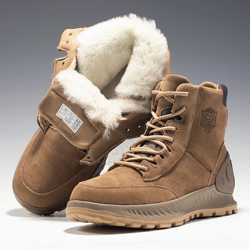 Winter Snow Boots Shoes for Men's Leather/Fur Wool One Piece Thickened Warm Wool Increase Shoes High Top Casual Cotton Shoes Man