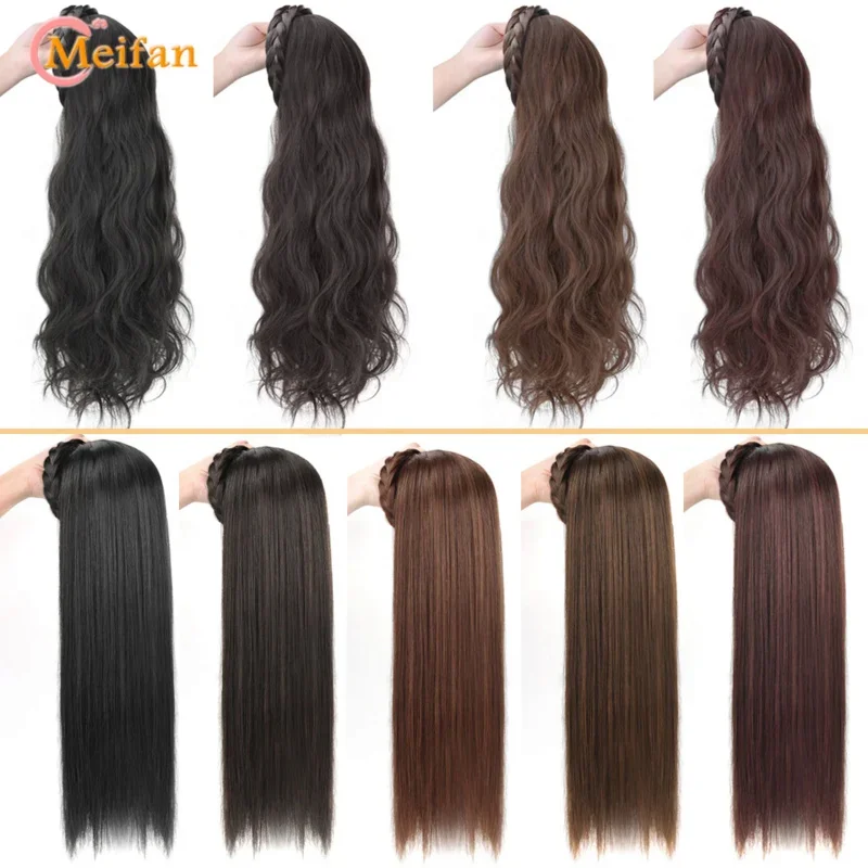 MEIFAN Synthetic Long Water Wavy Headband Wig Clip in Hair Extension Fluffy Natural Half Wig Daily Straight Wig With HairBand E
