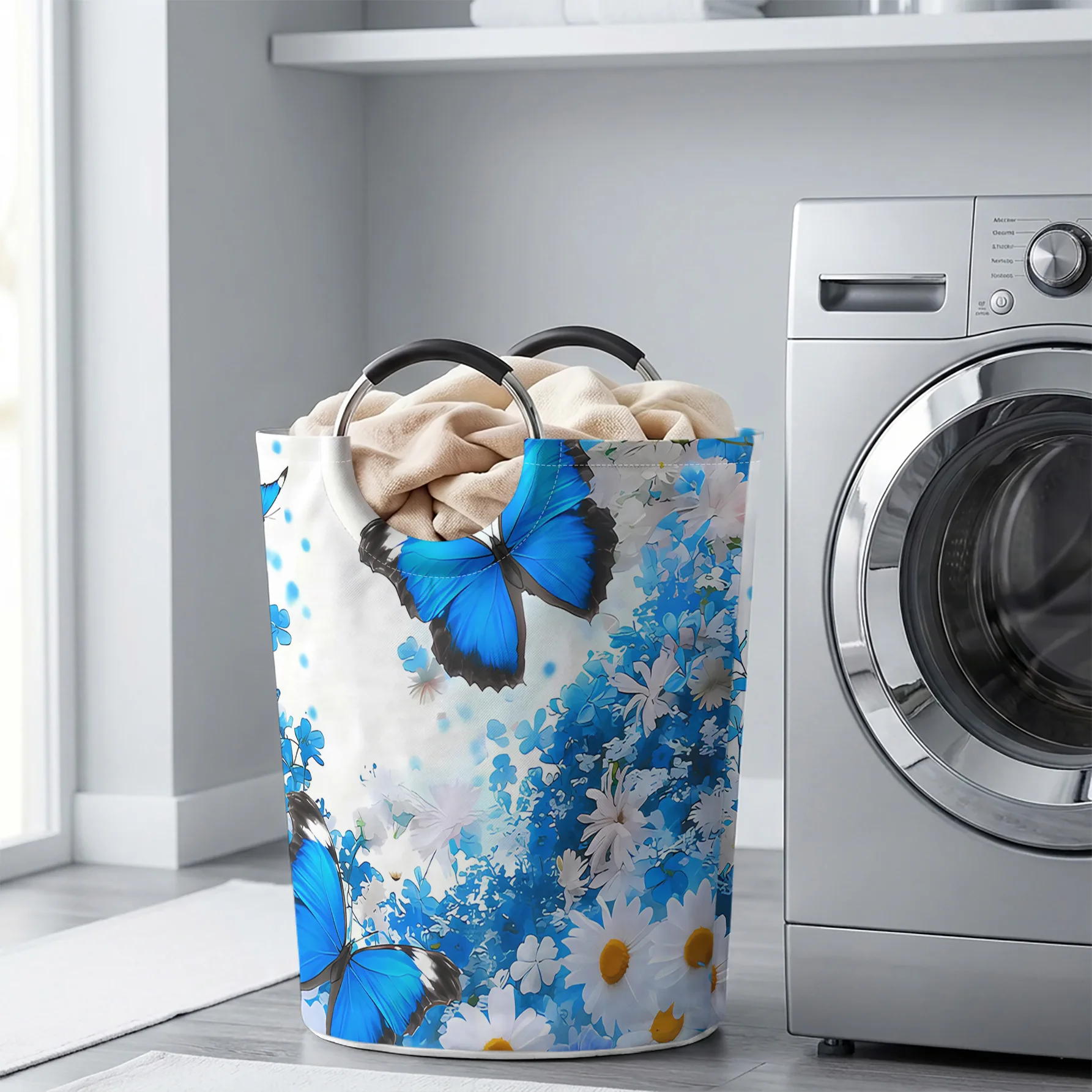 Blue Butterfly And Daisy Floral All‑Over Print Handheld Storage Basket, For Laundry, Bedroom & Home Sundries Storage