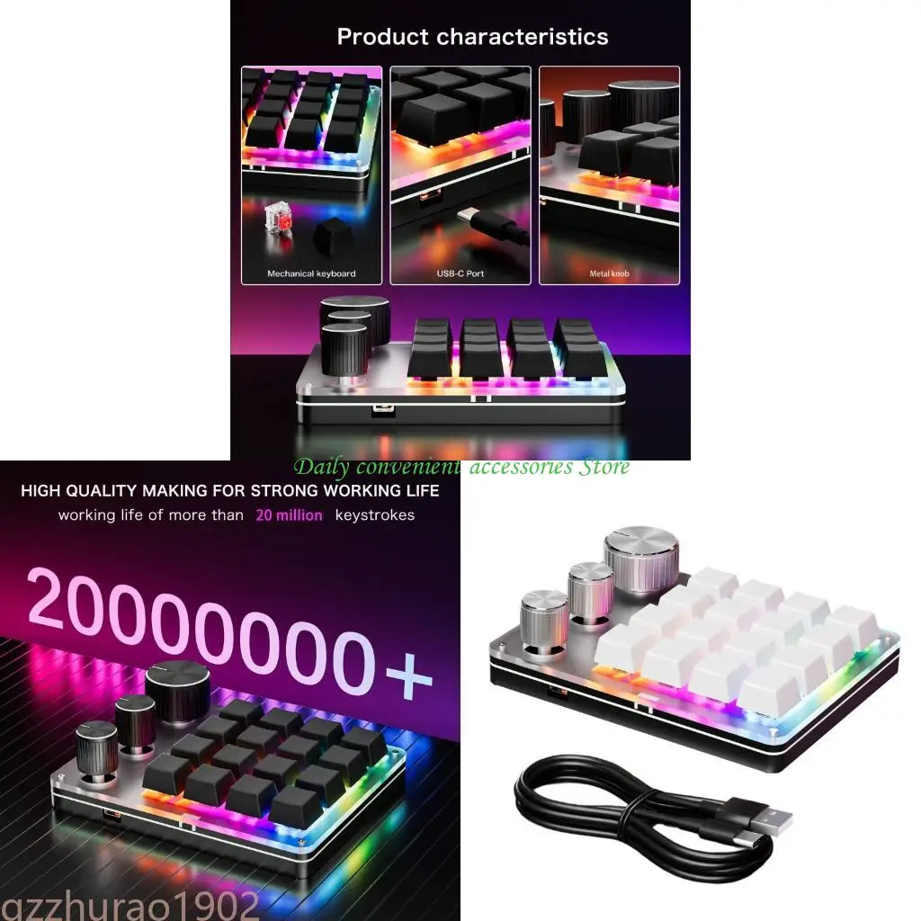 

97QB Corded Macro Programmable Keypad USB C Mini 16-Key 3 Knobs Hotswap Mechanical Design for Gaming and Office Application