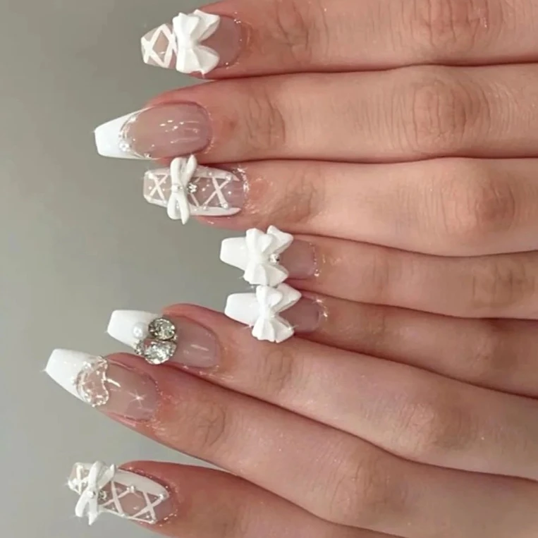 

White Bow Tie Bowknot Ribbon Crystal Long Ballet Fake Nails Art French Pearl Long Pointed False Nails Rhinestones Press on Nails