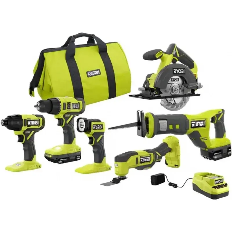 

QWRRYOBI ONE PCL1600K2 18V Cordless 6-Tool Combo Kit with 1.5 Ah battery, 4.0 Ah, and Charger