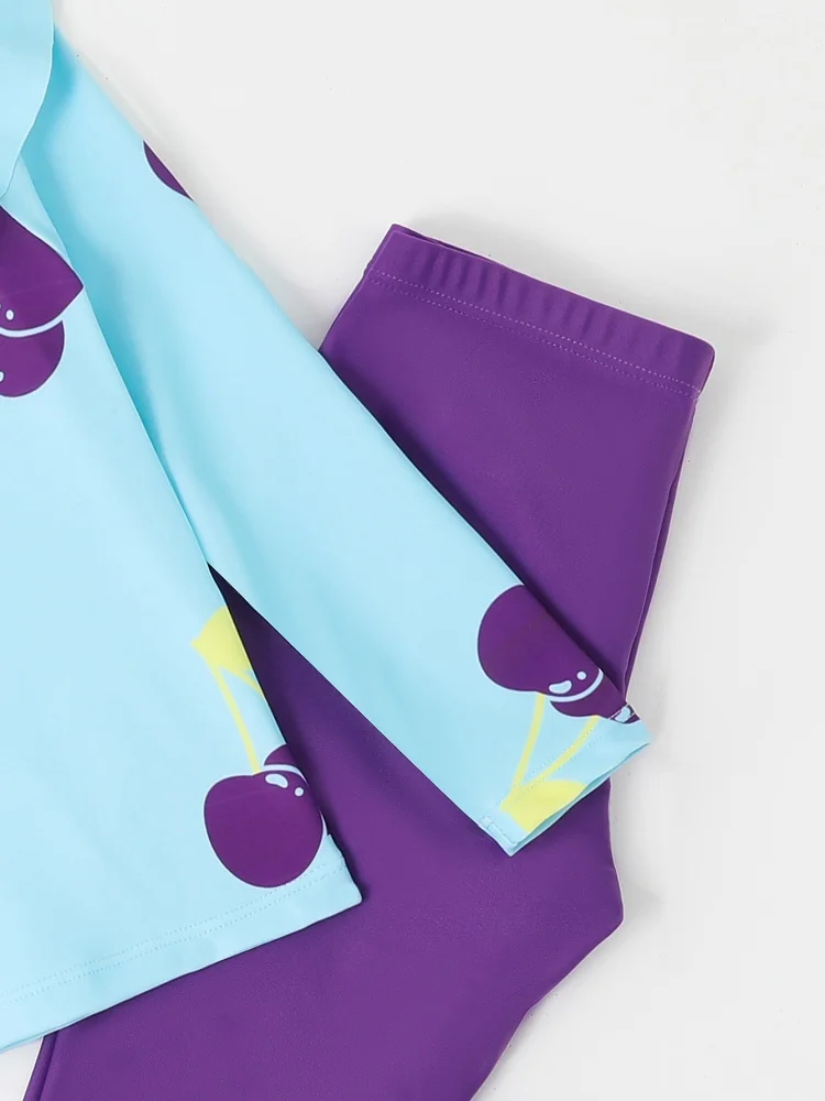 الفتيات الاطفال ملابس السباحة 2026 جديد الأرجواني الكرز طويلة الأكمام كشكش ملابس سباحة للأطفال الصيف بنطلون بحر ثوب السباحة السباحة #5