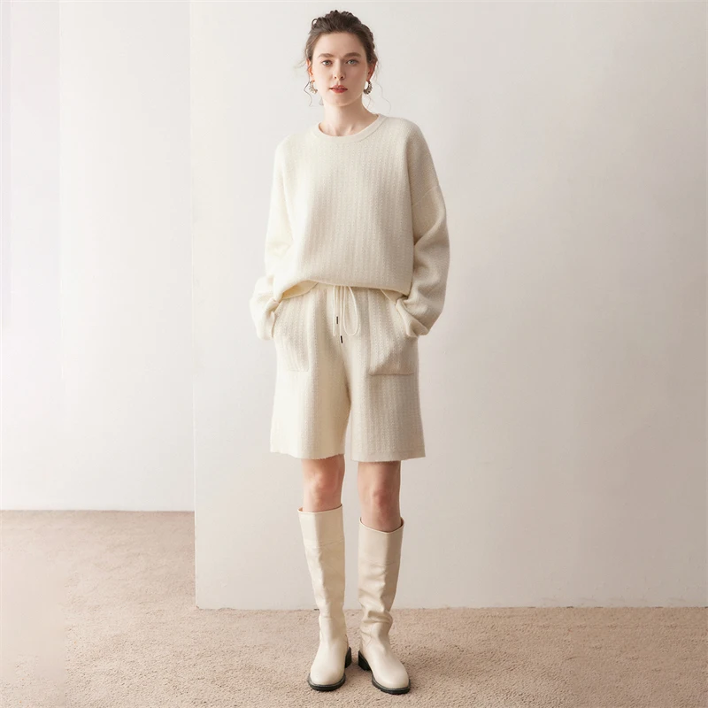 

Autumn Winter 100% Cashmere Sweater Women's Pullover Shorts Sets Loose Thicken Jacquard Short Pants Drawstring Knitted Trousers