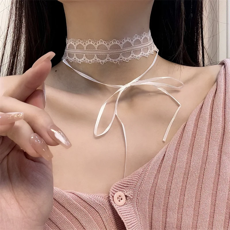 Retro White Black Lace Bow Choker Necklace for Women Harajuku Gothic Dark Girl Bow Sweet Collar Necklace Party Female Jewelry