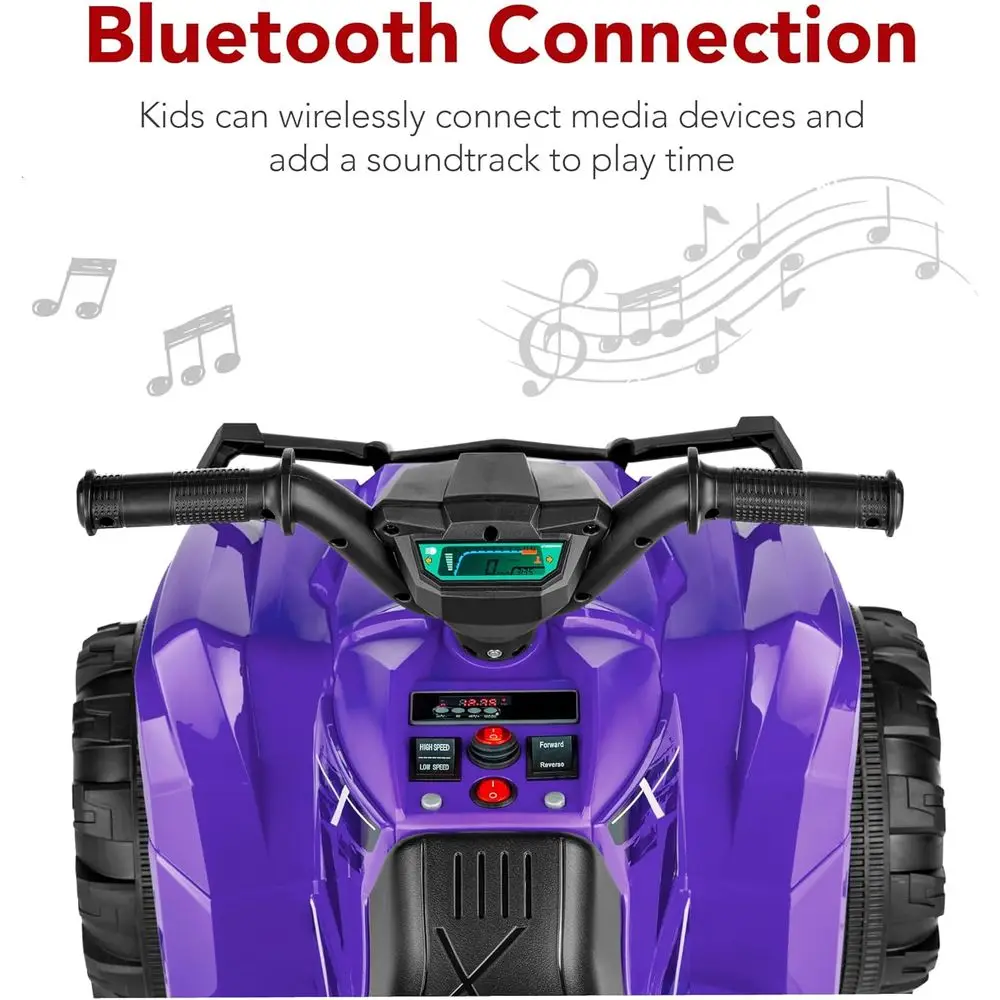 รถเอทีวีไฟฟ้าสำหรับเด็ก 12V, รถควอดคาร์ 4 ล้อ พร้อมระบบเสียงบลูทูธ, ความเร็วสูงสุด 2.4 ไมล์ต่อชั่วโมง, ยางแบบมีปุ่ม, สีม่วง
