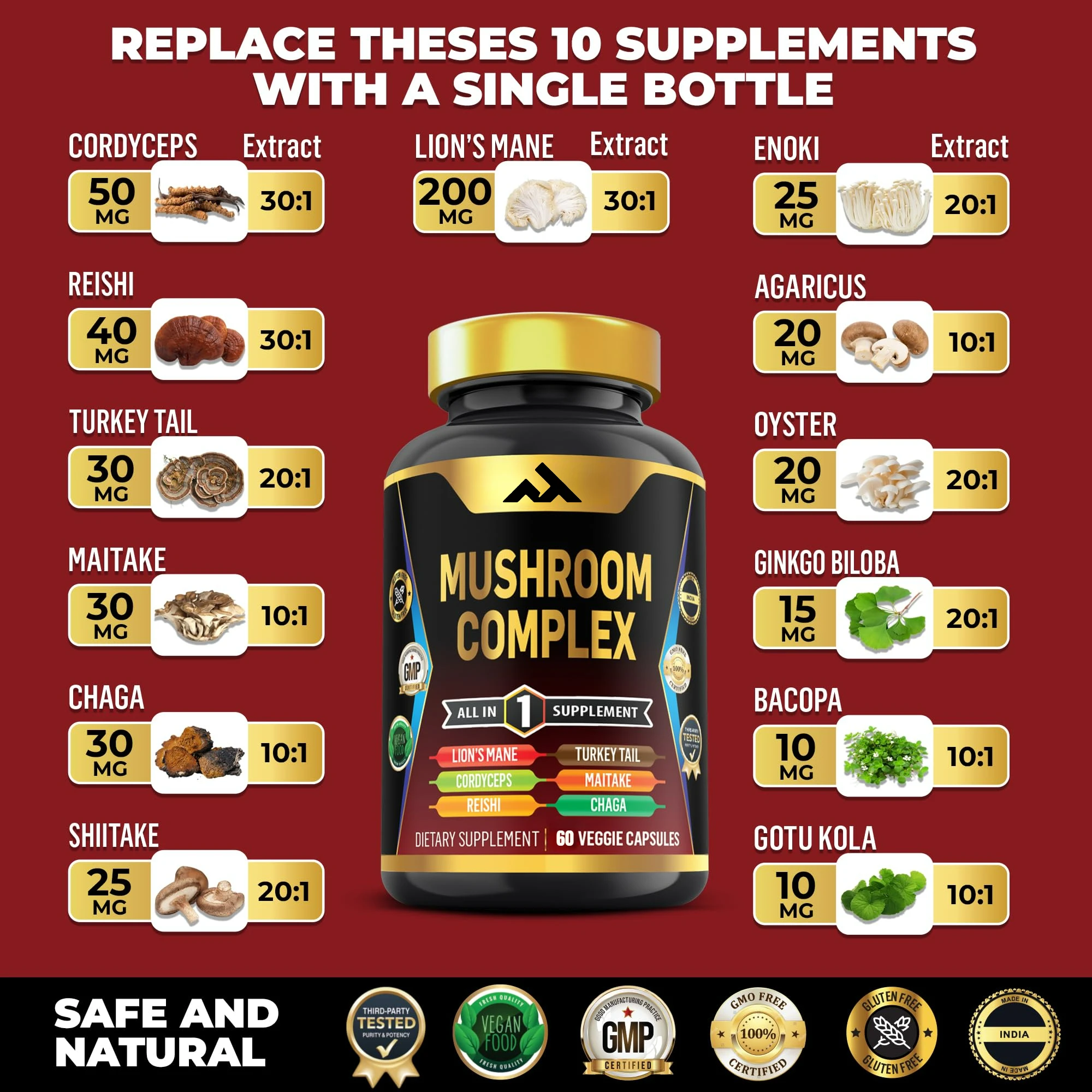 

Mushroom Supplement -13 in 1- Contains Cordyceps Sinensis, Ganoderma Lucidum, Fire Tail, Shiitake Mushrooms, Mushrooms, Etc