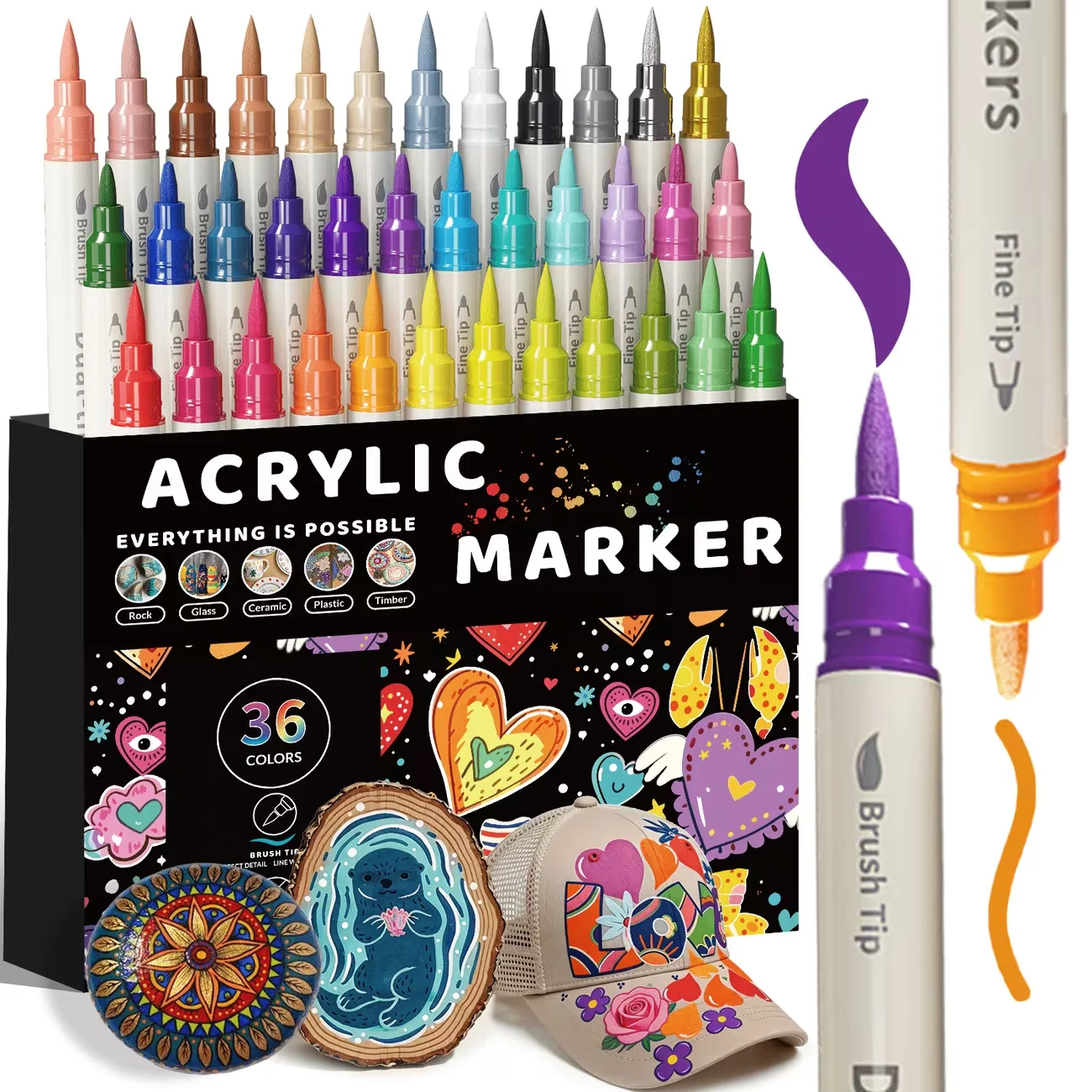 Flysea 24/36/48 Color Dual Tip Acrylic Paint Markers, Water-Based Paint Pens with Fine Tip & Brush Tip for Rock Painting, Wood, Glass, Ceramic, Canvas, DIY Crafts & Art Projects