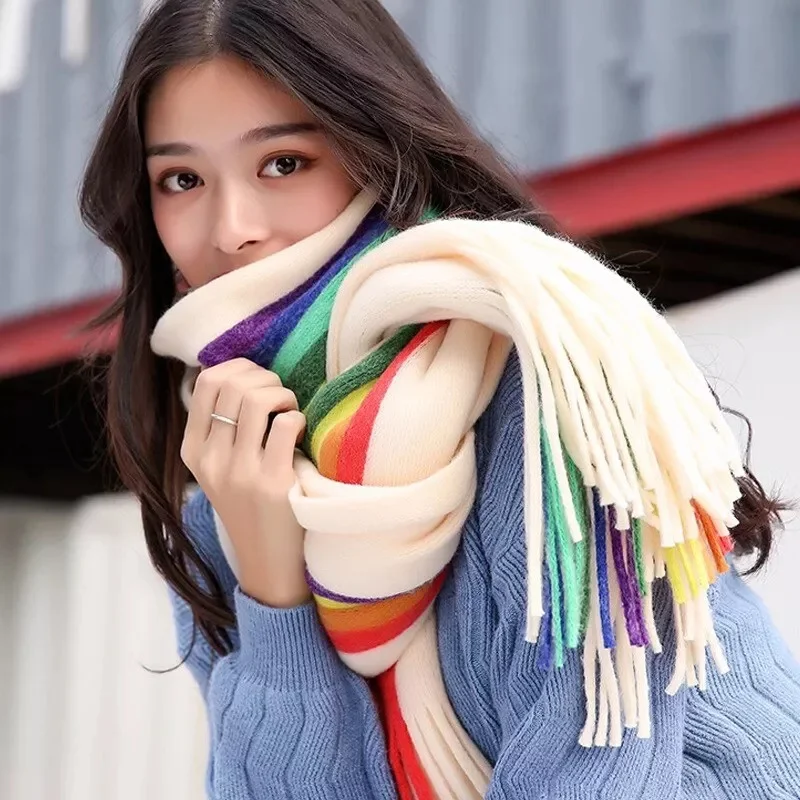 Rainbow Scarf Ladies Autumn And Winter Air-Conditioned Scarf Dual-use Thickened Knitted Wool Neck Scarf