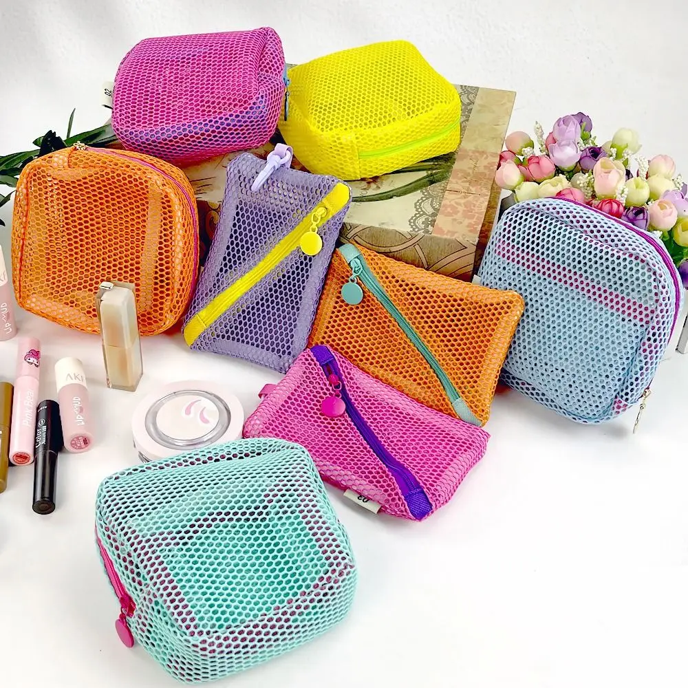 Lightweight Mesh Zipper Bags Visibility Space Saving Mini Makeup Pouch Portable Rotary Hook Travel Toiletry Pockets Women