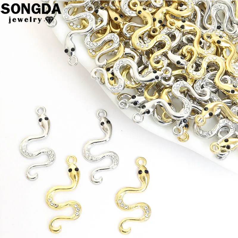 10pcs Crystal Inlaid Snake Shaped Charms Vintage Punk Rhinestone Animal Metal Pendants DIY Necklace Earring Jewelry Accessories