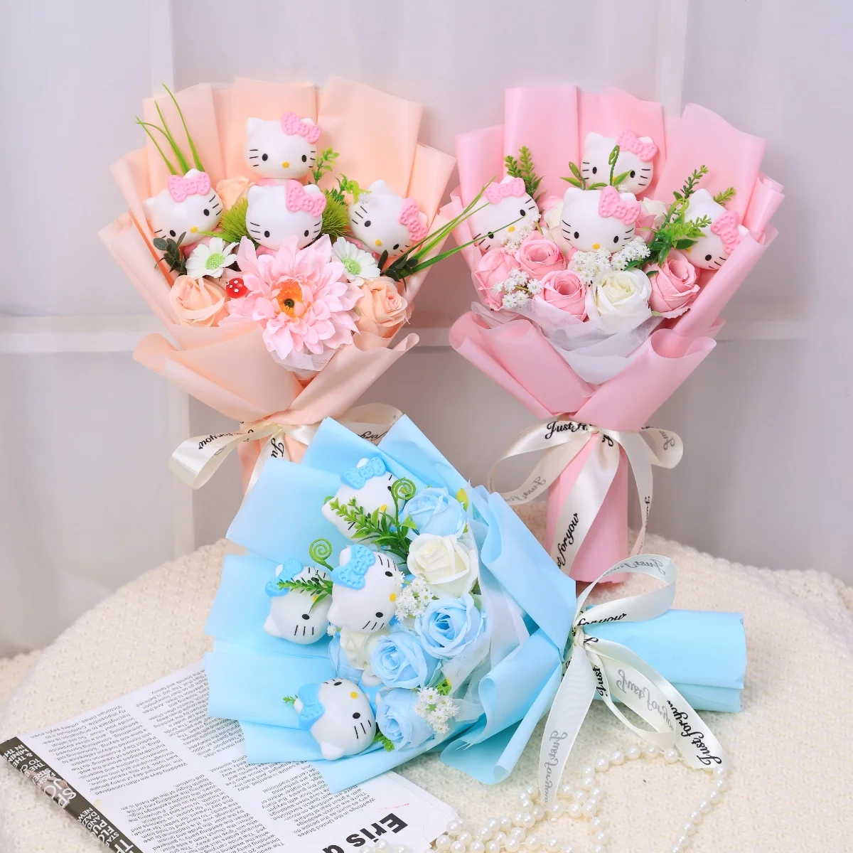Kawaii Hello Kitty Cat Dolls With Artificial Flowers Creative Sanrio Bouquet Christmas Valentine Birthday Graduation Gifts image 3
