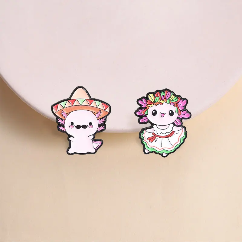 Mexican Fiesta Flower Crown Axolotl Enamel Pin, Cute Salamander Brooch With Folkloric Dress For Day Of The Dead Style