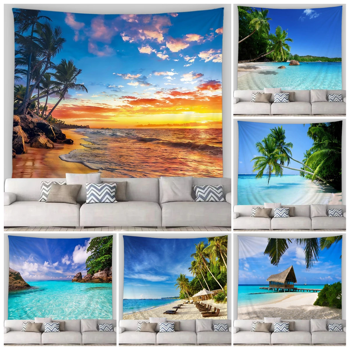 

Dusk Ocean Landscape Tapestry Island Coconut Trees Holiday Beach Scenery Tapestries Home Living Room Garden Decor Wall Hanging