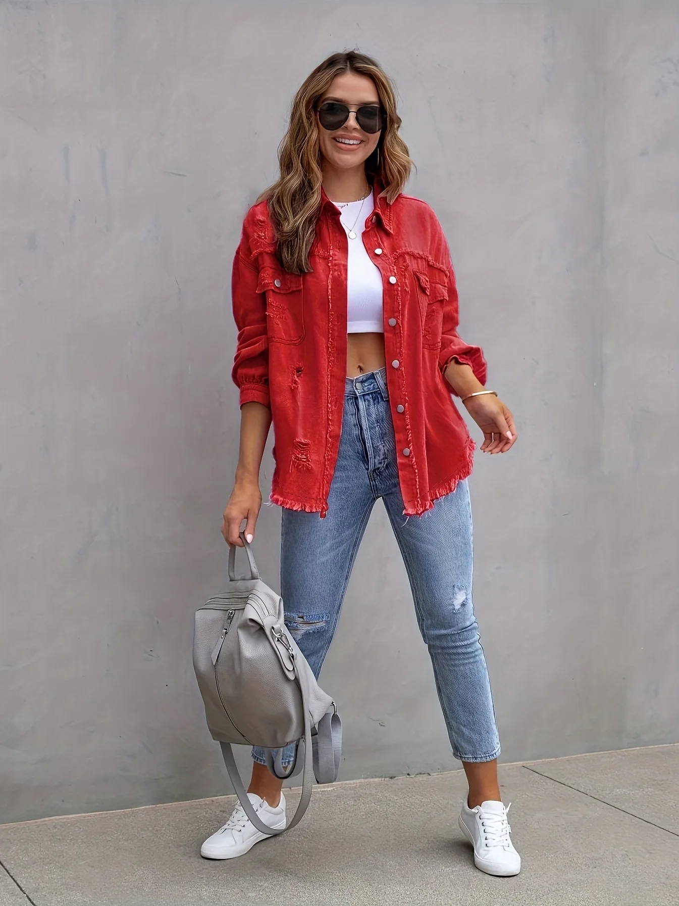 

Women's Pink Distressed Denim Jacket | Casual Frayed Hem Jean Coat | Casual Streetwear Outerwear with Pockets - S to XXL