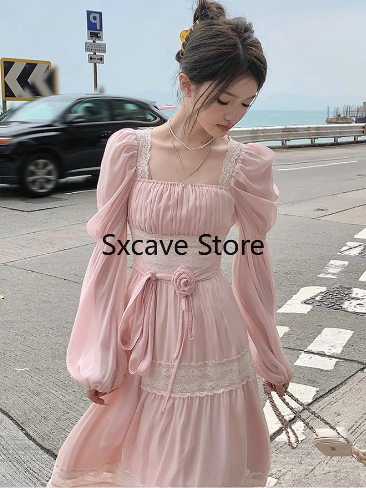 French Vintage Lace Midi Dress Women Casual Beach Style Chiffon Lace Dress Even Party Outwear Slim Korean Fashion Clothing