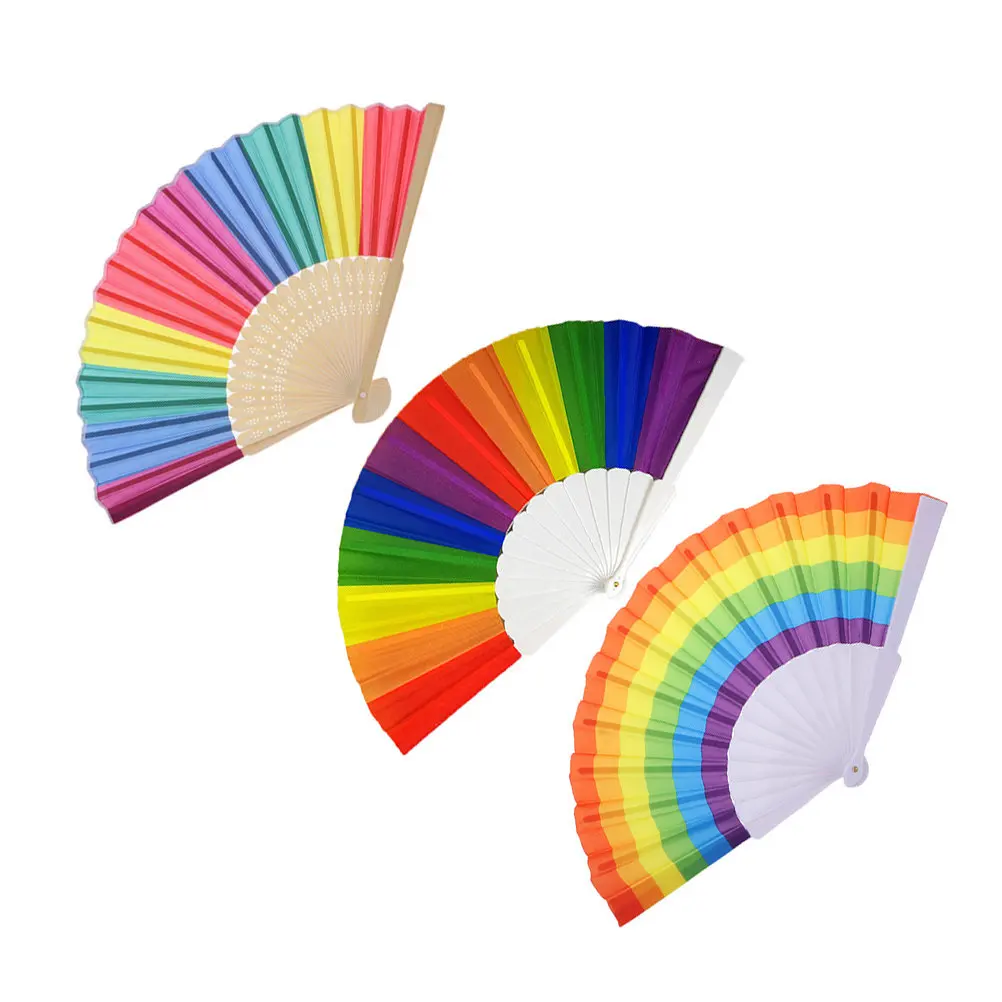 Rainbow Folding Fan Set 3pcs Wooden Fabric Handheld Fans for Dance Wedding Photo Props Lightweight