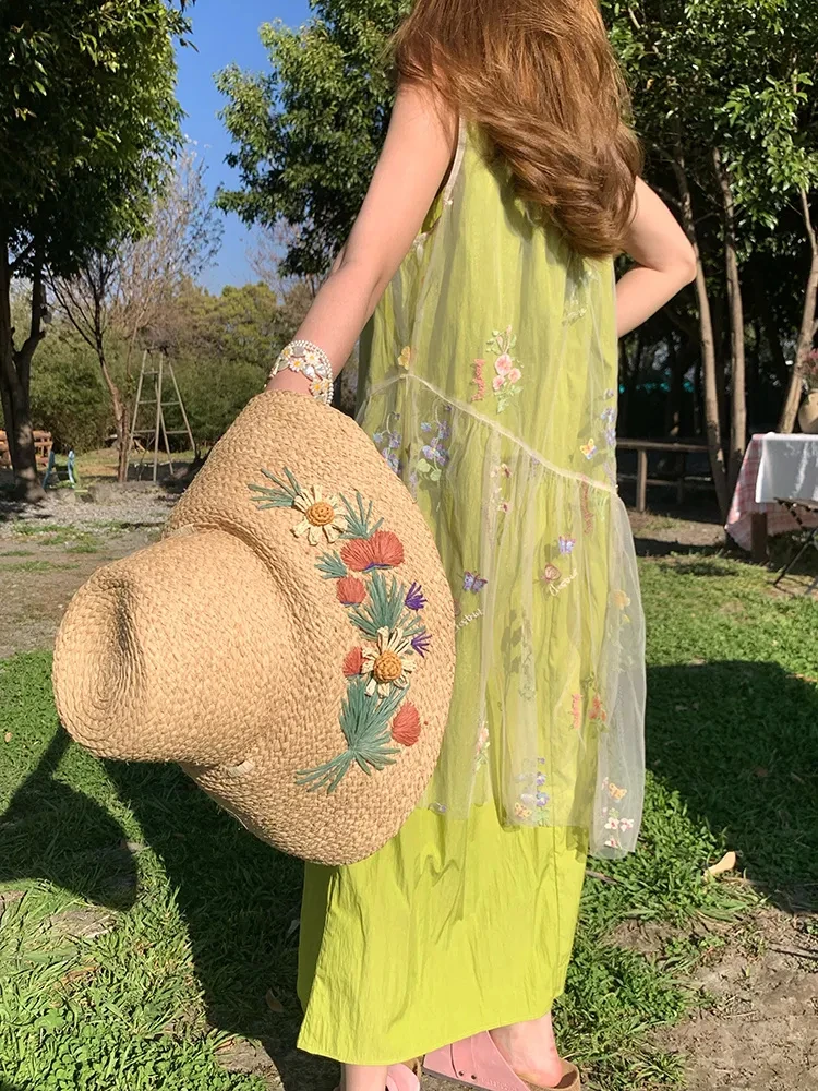 Mesh Borduren Mouwloze Jurken Vrouwen 2023 Zomer Losse Overlap Sheer A-lijn Vest Jurk Fee Zoete Strand Vestidos