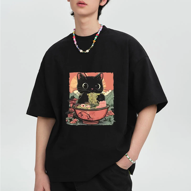 

Cute Black Cat Eating Ramen Graphics T shirt Men Women harajuku Fashion Casual short sleeve T-shirts streetwear Oversized Tops