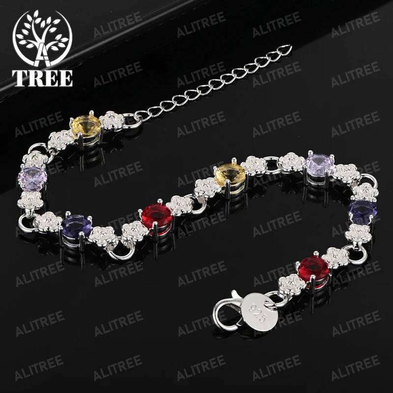 ALITREE 18K Gold 925 Sterling Silver Colored Zircon Small Flowers Chain Bracelets For Woman Party Wedding Fashion Jewelry Gift